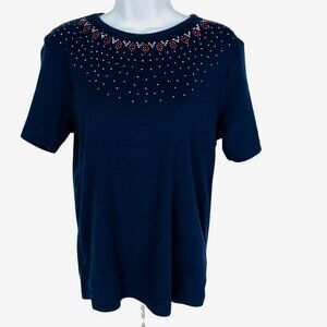 Brunswick Square Top Women Size M Navy Blue w Red Silver Sequins Short Sleeves